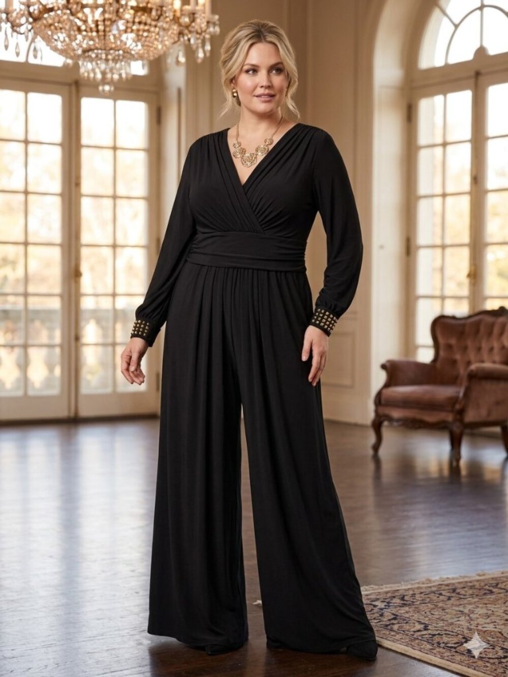 Black Jumpsuit Stud Cuffs Wide Legs XL